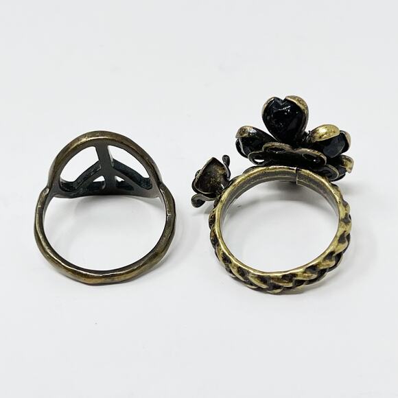Set of 2 Brass Gold Tone Fashion Rings Peace Sign Floral Gemstone Size 5 and 6 - Picture 4 of 8